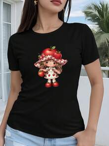 Women's T-Shirt, Summer Novelty, Short Sleeve T-Shirt For Women With Strawberry Print, Wears An Apple Hat And Holding Strawberries, Cute, Sweet, Stylish, Fashionable, A New And Versatile Product. - 黑色 - 查看 6