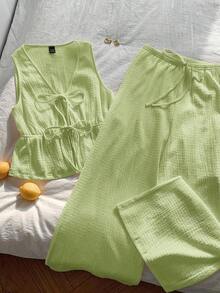 Conjunto de 2 piezas casual para mujer con top de cuello en V y pantalones en punto liso negro - verde menta - Ver 4