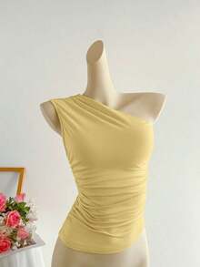 Top corto plisado de un hombro en color albaricoque, ropa de trabajo elegante, de estilo minimalista y casual para mujer, adecuado para primavera/verano - Amarillo - Ver 9