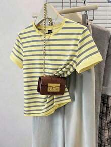 Camiseta casual de mujer de cuello redondo de manga corta a rayas, camiseta a rayas de estilo retro francés de color café, top de manga corta de cuello redondo estilizador y versátil, camiseta básica casual suave y pegajosa, top a rayas, pri - Multicolor 5 - Ver 8
