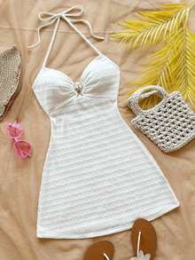 Vestido mini con textura, escote en V, decoración de estrella de mar metálica, cuello con lazo, espalda descubierta, ideal para vacaciones, citas, té de la tarde, días festivos, festivales de música, estilo bohemio - Blanco - Ver 1
