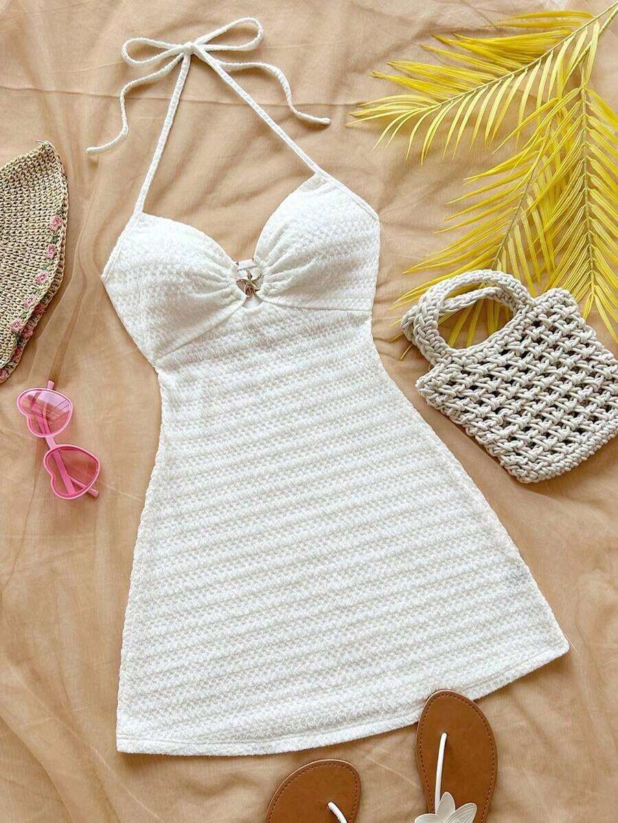 Vestido mini con textura, escote en V, decoración de estrella de mar metálica, cuello con lazo, espalda descubierta, ideal para vacaciones, citas, té de la tarde, días festivos, festivales de música, estilo bohemio - Blanco - Ver 1
