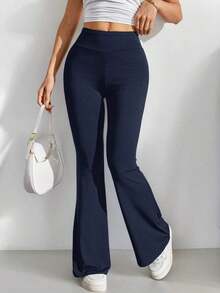 Pantalones con cintura alta de color liso y corte acampanado - Azul marino - Ver 8