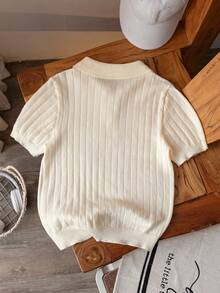 Boys' Solid Color Cable Knit Short Sleeve Half Zip Lightweight Sweater, Suitable For School, Daily Wear In Spring, Summer And Autumn - Apricot - View 2