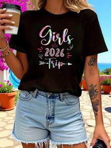 Camiseta con estampado de letras "Trip 2026", manga corta y cuello redondo, top casual para verano y primavera, ropa de mujer - Negro - Ver 2