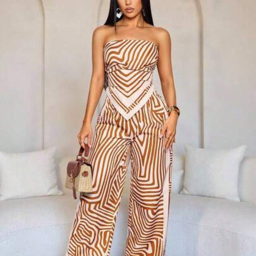 2 Piece Set Women's Spring/Summer Daily Outfits Casual Elegant Abstract Striped Casual Crop Top & Printed Elegant Romantic Vacation Bottoms For Women For Daily Wear Elegant Color Full-Print Bodycon Sexy Chic Party Graceful Vacation - Marrón - Ver 1