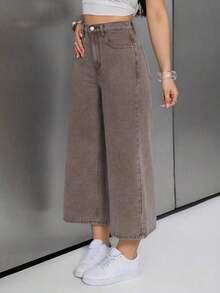 Jeans unicolor con cremallera - Marrón - Ver 3