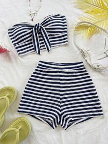 2 piezas Conjunto de top corto a rayas y shorts de cintura alta para mujer, adecuado para vacaciones, citas, té de la tarde, playa, crucero, viaje a la ciudad, festival de música, estilo bohemio de playa - Azul marino - Ver 1
