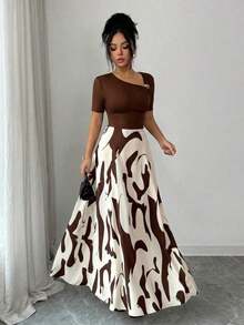 Vestido de línea A con cuello en V y cintura recogida con patrón abstracto en blanco y negro y decoración de hebilla de metal, elegante para uso diario, vacaciones, estilo retro francés, viajes, San Valentín, citas, ropa de calle, fiestas, principios de primavera/primavera-verano - Marrón - Ver 4