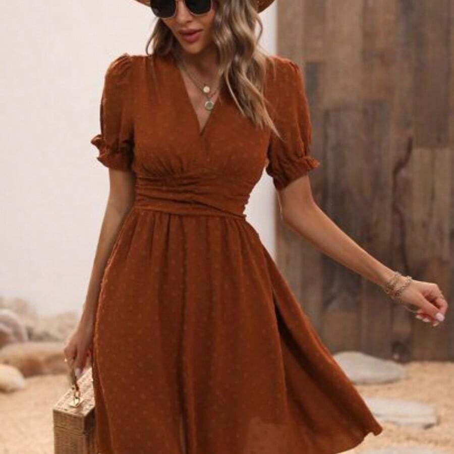 Swiss Dot Puff Sleeve Ruffle Detail Shirred Waist A-line Dress - Naranja Quemada - Ver 1