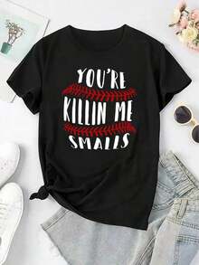 Camiseta creativa con estampado de béisbol en inglés para mujer, de moda, con cuello redondo y manga corta, sencilla, casual, deportiva, cómoda para el verano. woman Todo tipo de impresiones, chaqueta, camiseta de cuello redondo, casual, para oficina, para viajar, muy popular, viento deportivo, estampado/patrón, camiseta de algodón 100%, camiseta casual, cómoda, suave, transpirable The latest popular bestseller - Negro - Ver 8