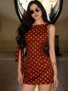 Vestido mini ajustado con estampado de lunares asimétrico y tirantes, elegante negro para primavera/verano - Rojo - Ver 3