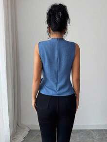 Camisa sin mangas elegante para mujer con tela de aspecto de mezclilla, cuello alto, cintura fruncida, bajo asimétrico, color azul elegante para uso casual diario, primavera/verano - Azul - Ver 2