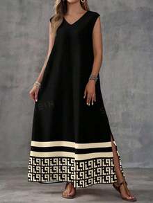 Vestido sin mangas con estampado geométrico para mujer - Negro - Ver 4