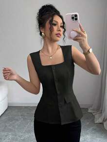 Blusa elegante de mujer con cuello cuadrado sin mangas, decoración con bolsillo falso, camisa ajustada de oficina, primavera/verano - Negro - Ver 8