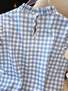 Camisas para mujer sencillas de uso casual/oficina con cuello con volantes, para primavera/verano - Azul y blanco - Ver 7