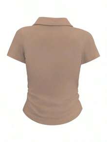 Camiseta de manga corta minimalista de unicolor para mujer, uso casual de todos los días - Marrón - Ver 2