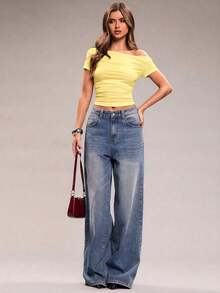 Camiseta corta ajustada con cuello asimétrico y fruncido, de unicolor, informal, para verano - Amarillo - Ver 3