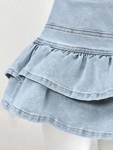 Falda de mezclilla de moda para mujer con diseño de cintura con botones y dobladillo con doble volante - Lavado ligero - Ver 7