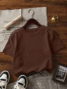 Camiseta de mujer de verano nueva, simple y casual, de corte ceñido y cuello redondo.Versátil y cómoda para el uso diario y las vacaciones. - Marrón - Ver 6