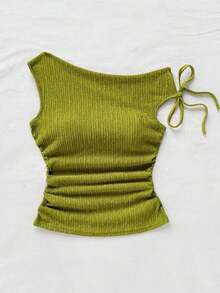 Blusa de punto con textura de burbujas de color albaricoque, cuello asimétrico con lazo en la cintura, ajuste ceñido, adecuada para fiesta, cita, paseo por la ciudad, viaje por carretera, playa de verano - Verde Oliva - Ver 5