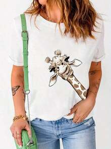 1 pcsCamiseta con estampado de jirafa para mujer - Manga corta, cuello redondo, ligera, casual para verano con diseño de dibujos animados juguetón, blanco con gráfico de jirafa negra, tejido suave y cómodo.180g 100% Cotton - Multicolor - Ver 8