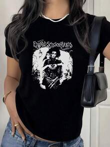 Mexican Basic Camiseta de Mujer con Estampado Original Diseño de Manos Creando un Corazón y Figura con Tijeras en Lugar de Manos,Estilo Gráfico Casual.-Vintage Street Style Unisex Loose Cotton Short Sleeve Crew Neck T-Shirt  New Launch - Negro - Ver 1