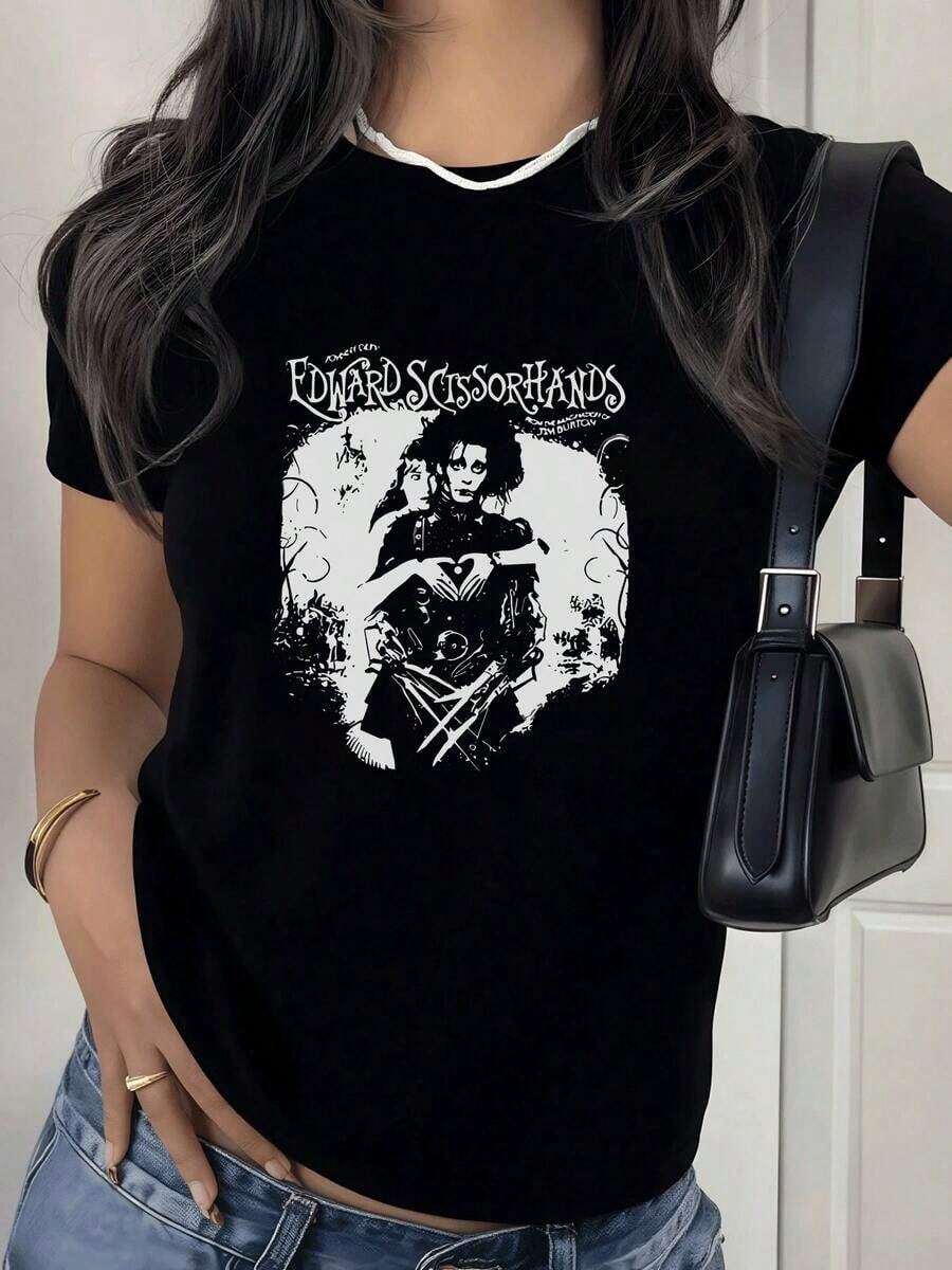 Mexican Basic Camiseta de Mujer con Estampado Original Diseño de Manos Creando un Corazón y Figura con Tijeras en Lugar de Manos,Estilo Gráfico Casual.-Vintage Street Style Unisex Loose Cotton Short Sleeve Crew Neck T-Shirt New Launch - Negro - Ver 1