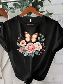 Classic Plus Size - Plus Size - Modern Design T-Shirt, Suitable For Plus-Size Women, With A Butterfly And Flower Print, Perfect For Casual Summer Wear. This Short-Sleeved, Crew-Neck T-Shirt In A Bohemian Style Is An Ideal Choice For Summer And Fall. A Bestseller. - 黑色 - 查看 7