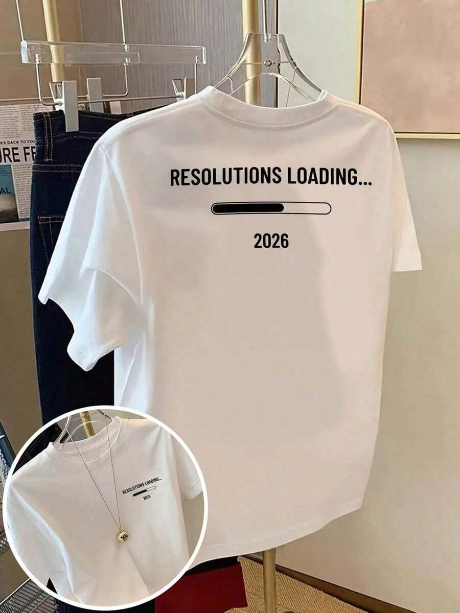 Women's Plus Size Breathonic T-Shirts - Short Sleeve Polyester T-Shirts For Everyday Or Sports Wear, Short Sleeve T-Shirt With Front And Back Print - New Year's Resolutions 2026, Fashionable "New Year's Resolutions Loading" Print - Spring/Summer Printed T-Shirt For Women, Breathable And Comfortable Fashion Item - 白色 - 查看 1