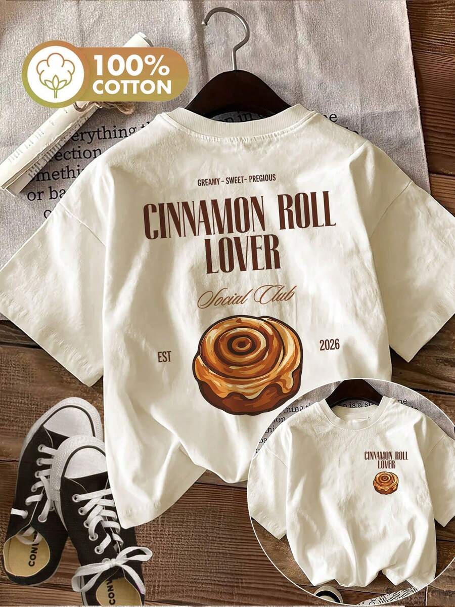 Top casual de primavera y verano para mujer, estilo vintage, estampado de rollo de canela, cuello redondo, camiseta de manga corta de algodón puro, 100% algodón. - Albaricoque - Ver 1