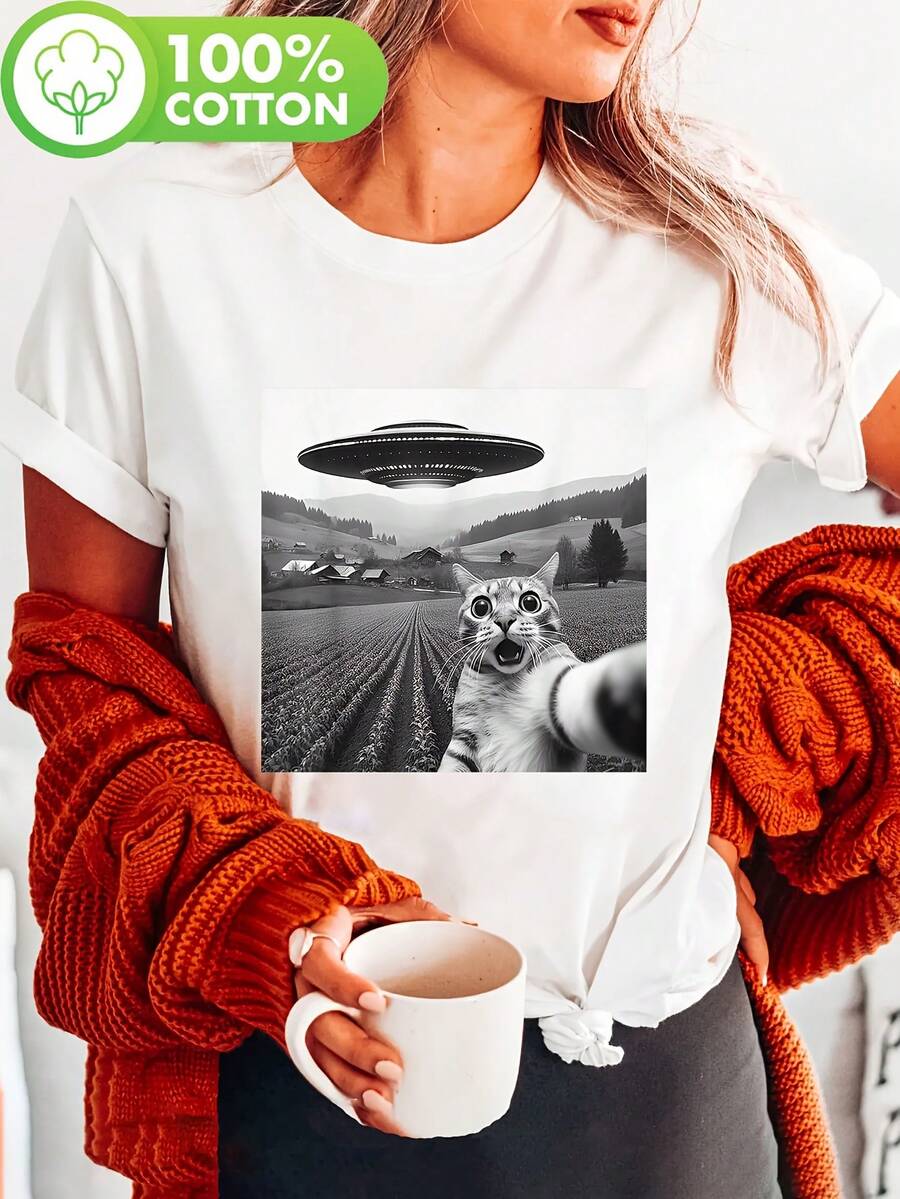 Women's UFO Print T-Shirt, Short Sleeves And Round Neck, Casual Style, Perfect For Spring And Summer. Loose And Comfortable. - White - View 1