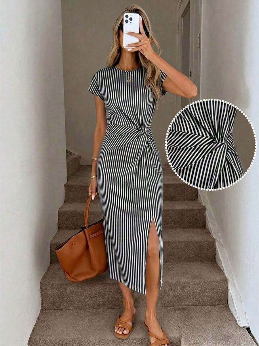 Vestido midi sin mangas con abertura alta, estampado elegante de lazo a rayas rosa, estilo minimalista casual; Vestido de punto de textura casual ajustado para mujer; Conjunto de fitness para mujer; Vestido de invitada de boda para mujer; Atuen - Multicolor 7 - Ver 1