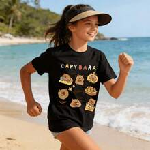 Tops para mujer Casual de Algodón para Mujer con Estampado de Capibara, Manga Corta y Cuello Redondo - Negro - Ver 7