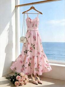 Vestido de verano para mujer, vestido con estampado floral de escote en V con tirantes finos, vestido rosa con hebilla cuadrada de metal dorado, vestido largo de escote en V con tirantes finos, vestido de estilo vacacional, vestido para ir y venir y casual, conjunto de vacaciones de verano, conjunto para el Día de San Valentín, vestido de fiesta, vestido de boda, vestido de graduación, conjunto de vacaciones de verano, conjunto para exteriores, vestido casual y elegante para ir y venir, uso diario casual y versátil y elegante - Rosa - Ver 2