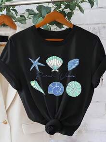Camiseta de manga corta para mujer con estampado de conchas marinas, estilo resort, para primavera y verano, ideal para el uso diario, top dulce y adelgazante, cuello redondo sencillo, cómoda y transpirable, en oferta de . - Negro - Ver 1