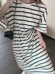 Vestido mediano y largo de mujer Vestido de verano de manga corta estilo coreano con cintura ajustada que adelgaza, cubre el abdomen, ropa de mujer, vestido largo de rayas hasta la rodilla con cinturón tipo camiseta - Blanco - Ver 9