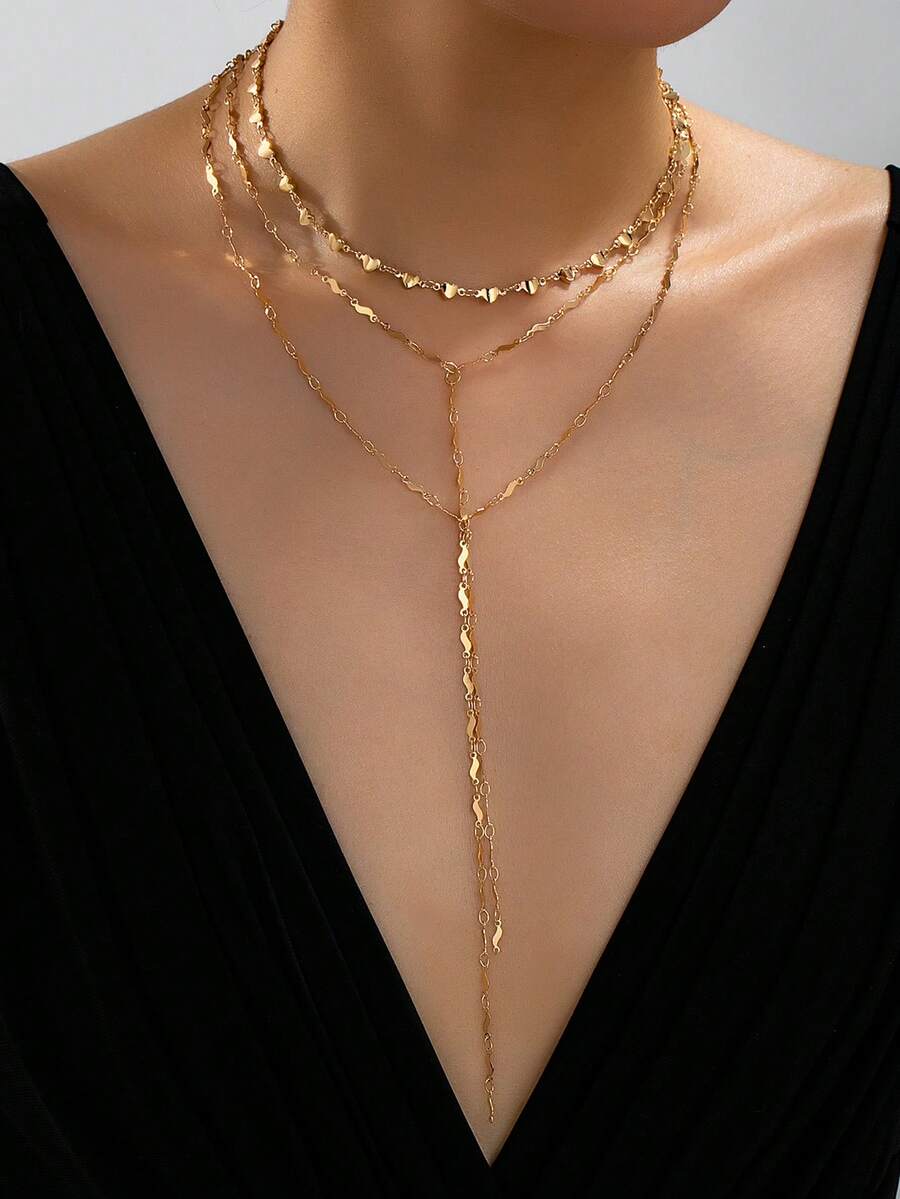 3pcs/Set Multi-Layer Y-Shaped Necklace Set, Delicate Layered Chain Fashion Jewelry, Y-Shaped Necklace Suitable For Daily Wear - Gold - View 1