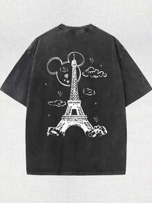 Men's Disney Black Washed Mickey Eiffel Tower Tee, Retro Print, Loose Fit, Premium Cotton. - màu đen - Xem 2