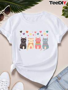 Women's Sports T-Shirt - Cartoon Striped Cat Design, Short Sleeves, Crew Neck, Polyester, Machine Washable, Casual T-Shirt | Colorful Casual Wear | Polyester Fabric, Women's T-Shirt, A Very Distinctive Printed T-Shirt / Unisex Style / Suitable For Both Men And Women / Wrinkle-Resistant / Breathable - 白色 - 查看 8