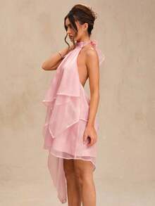 Vestido de satén de línea A con escote halter y espalda descubierta de unicolor amarillo/crema, adecuado para primavera/verano, vacaciones, playa, invitada elegante de boda, fiestas, ocasiones de otoño/invierno, Navidad elegante, Halloween - Rosa - Ver 4