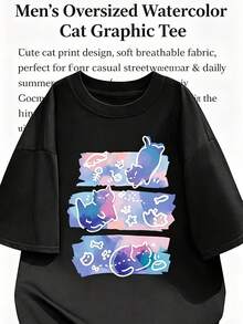 Casual Summer T-Shirt, Watercolor Cat 2D Graphic Print, Loose Fit, Round Neck, Short Sleeve - 黑色 - 查看 6
