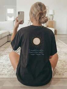 Plus Size, Short Sleeve [Double-Sided Print] Women's Loose Fit Spring/Summer Casual Clothing, Short Sleeve Crew Neck T-Shirt With Sun And Wave Print, 100% Cotton - 黑色 - 查看 3