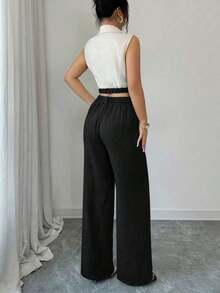 Conjunto de blazer corto sin mangas de color contrastante y pantalones rectos elegantes de estilo de oficina para mujer, atuendo profesional de oficina, vestimenta de maestra, ropa para ir y venir y uso casual - Negro - Ver 2