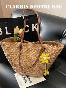 This Fresh Floral-Decorated Straw Tote Bag With A PU Shoulder Strap Is A Must-Have Large-Capacity Bag For Students And Office Workers On Summer Beach Trips. - Brown - View 3