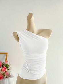 Top corto plisado de un hombro en color albaricoque, ropa de trabajo elegante, de estilo minimalista y casual para mujer, adecuado para primavera/verano - Blanco - Ver 1