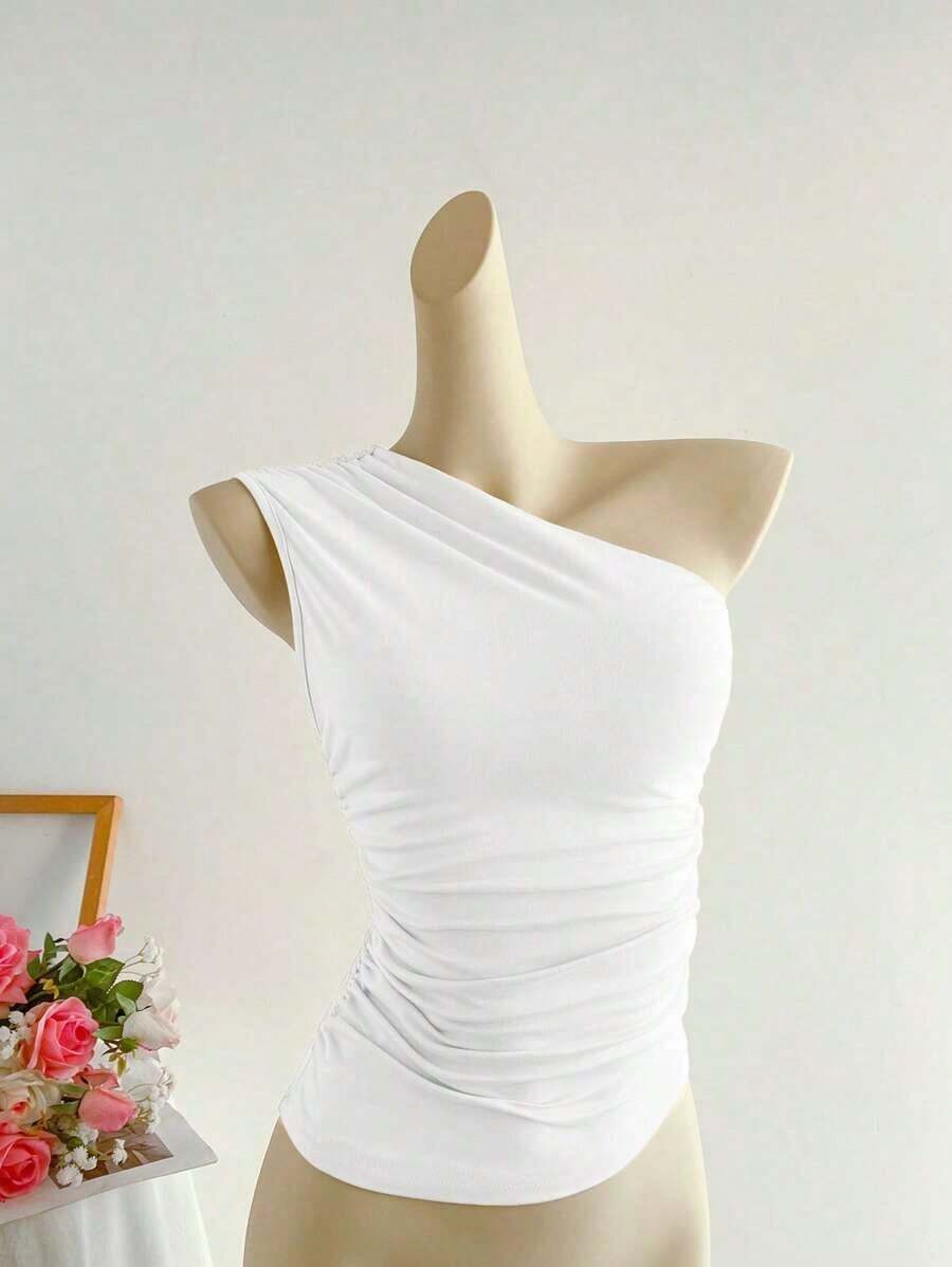 Top corto plisado de un hombro en color albaricoque, ropa de trabajo elegante, de estilo minimalista y casual para mujer, adecuado para primavera/verano - Blanco - Ver 1