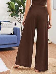 Pantalones holgados de pierna ancha de un solo color tipo palazzo, pantalones casuales de cintura alta y pierna ancha de viscosa negra suelta para mujeres, para uso profesional/de oficina/ropa de trabajo - Marrón - Ver 2