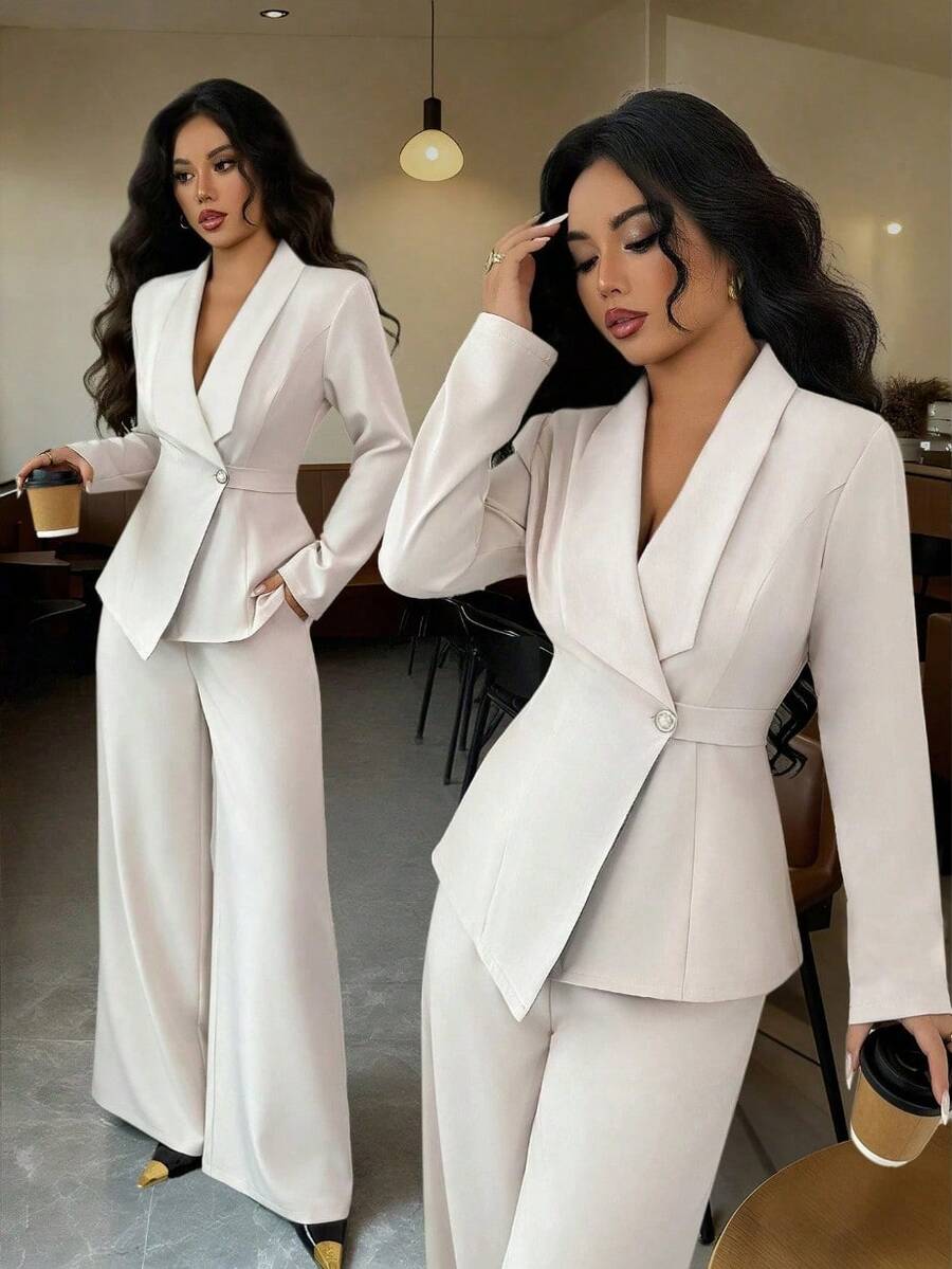 Women's Long Sleeve Blazer & Straight Leg Pants Set, Solid Color Elegant Office Style Two Piece Suit - 白色(長袖) - 查看 1