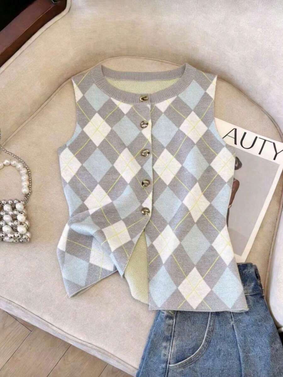 Top ajustado de punto con abertura y botón metálico asimétrico en el bajo, cuello redondo, de estilo francés minimalista y de moda, a rayas en blanco y negro, versátil, de tejido liso, para uso diario, viajes y vacaciones, apto para primavera/ver - Multicolor 4 - Ver 1